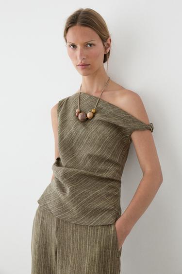 Zara Total look 100% linen asymmetric top - Dark khaki