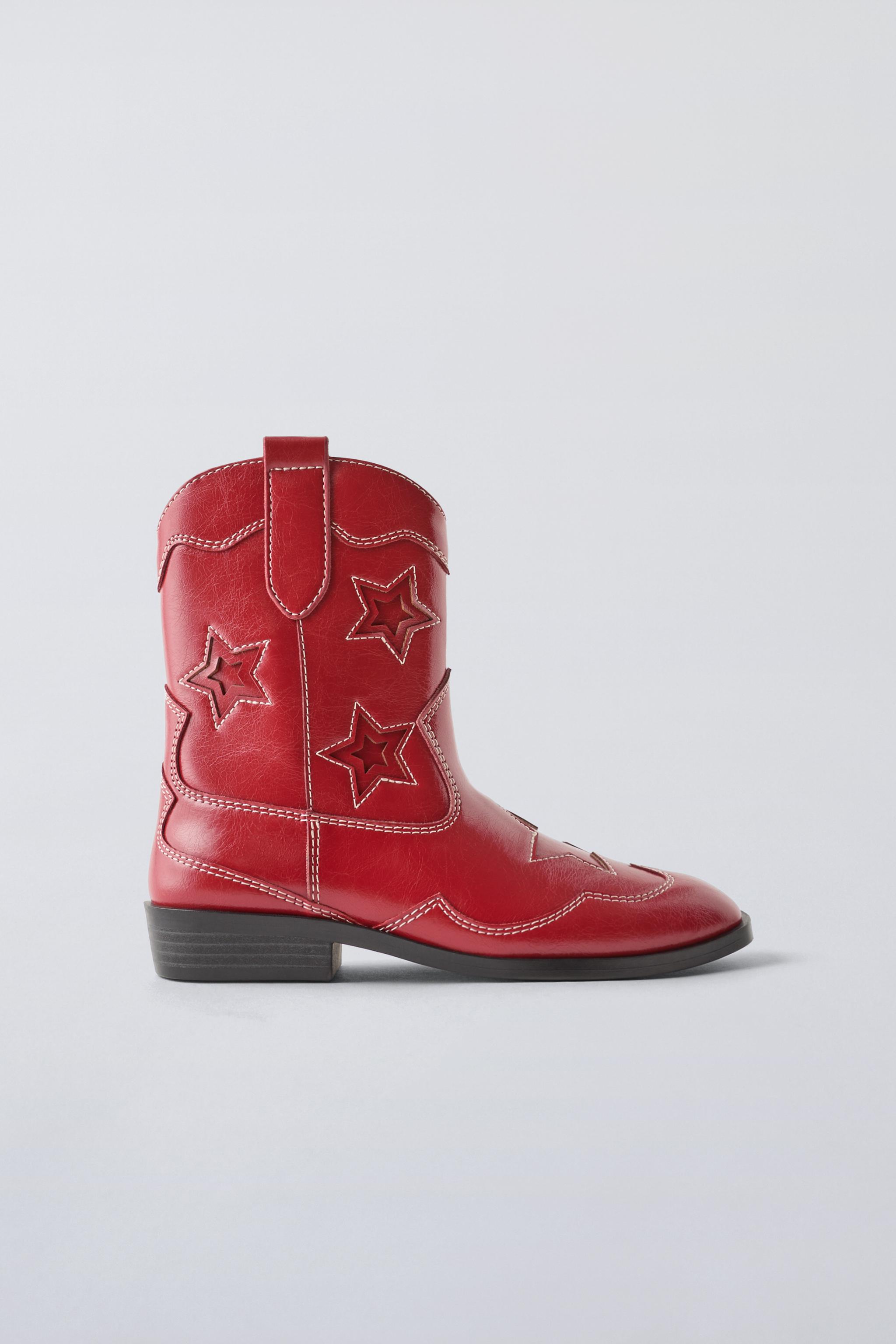 Zara Monochromatic Star Cowboy Ankle Boots Red Kids