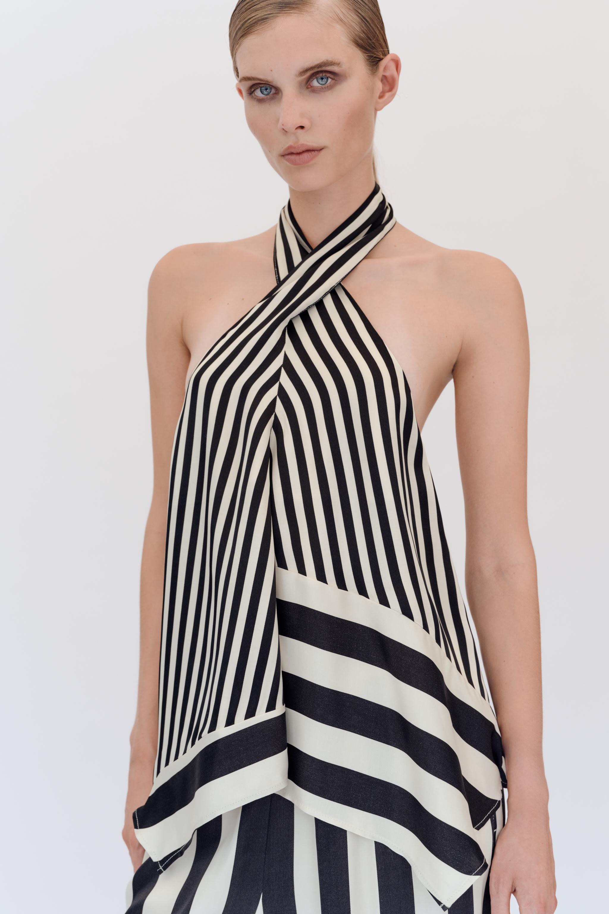 STRIPED HALTER TOP — Black / White