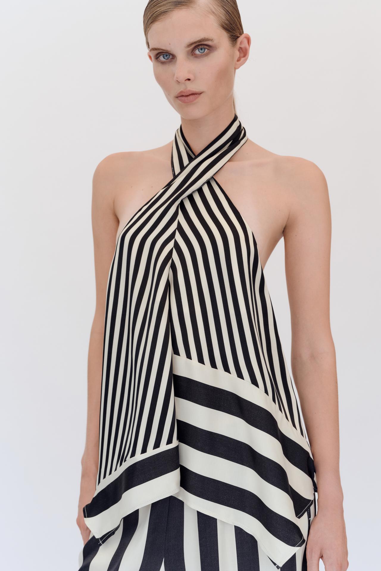 STRIPED HALTER TOP — Black / White