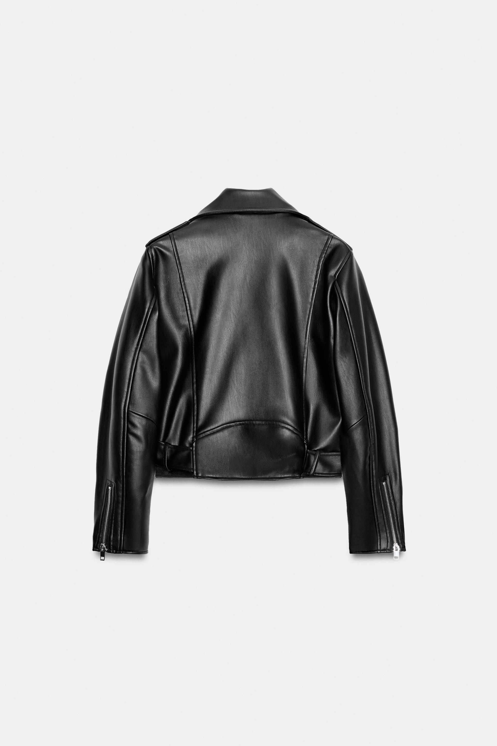 SHORT LEATHER EFFECT BIKER JACKET — Black