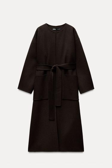KABÁT Z VLNĚNÉ SMĚSI S PÁSKEM ZW COLLECTION - Hnědý jíl od Zara
