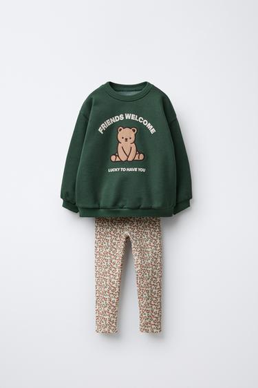 ENSEMBLE SWEAT OURS ET LEGGING CÔTELÉ À FLEURS - Vert de Zara