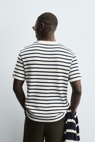CHECK TEXTURED T-SHIRT - Ecru / Navy by Zara - Image 2
