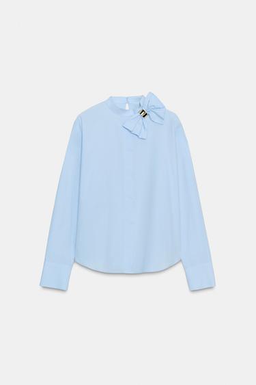 BLOUSE EN POPELINE À NŒUD - Bleu clair de Zara - Image 7