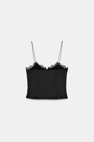 CROPPED SATIN LACE TOP - Black by Zara - Image 7