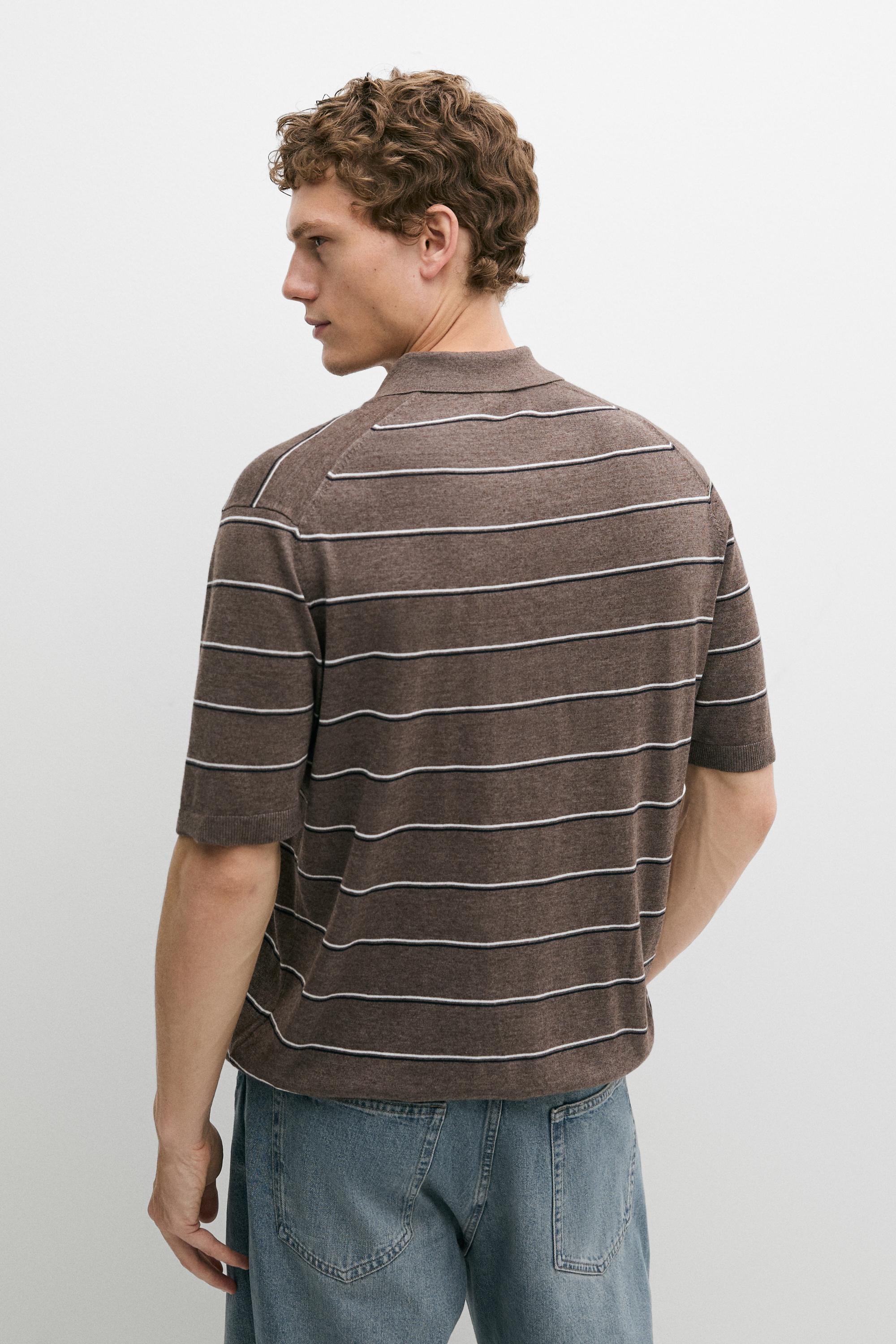 Striped knit V-neck polo shirt