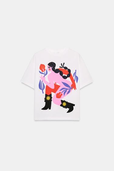 تيشرت بأكمام قصيرة بطبعة أغوستينا شوان - أبيض by Zara