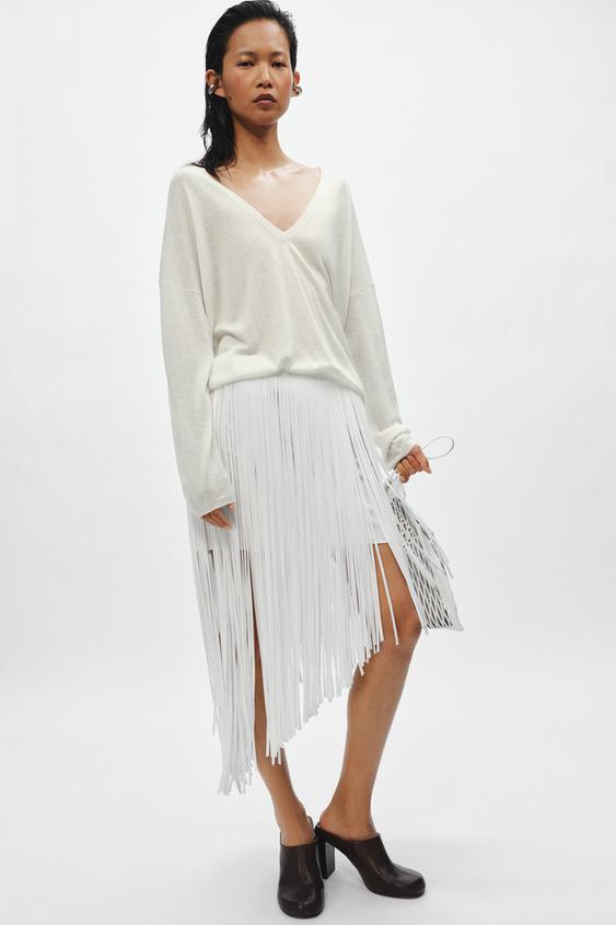 JERSEY PUNTO FINO ESCOTE PICO - crudo-blanco de Zara - Imagen 0