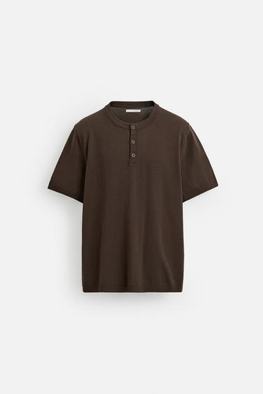 T-SHIRT EN MAILLE COL BOUTONNÉ - chocolat de Zara - Image 6