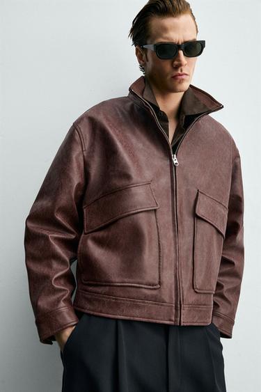 WASHED LEATHER EFFECT JACKET - Burgundy by Zara - Image 4