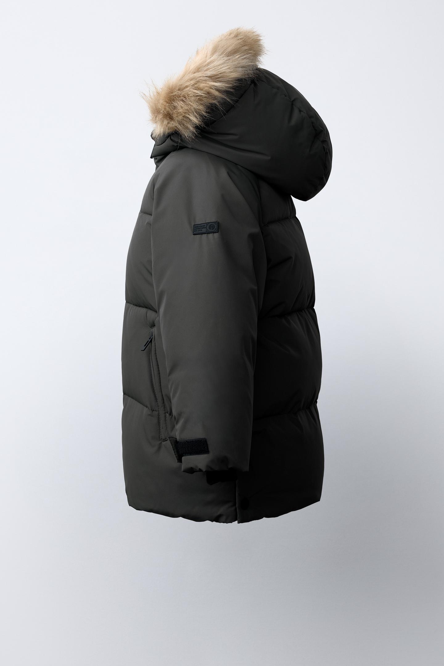 Детские худи Zara 50/50 Down & Feather Faux Fur Water-Repellent and Windproof Puffer Jacket, цвет: Чёрный — фото 5
