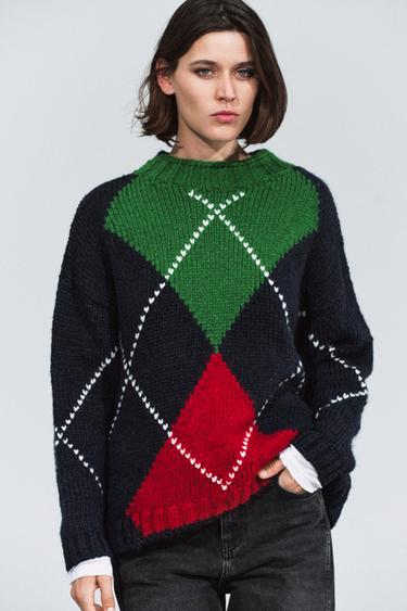 ARGYLE KNIT OVERSIZED SWEATER — Navy blue 1