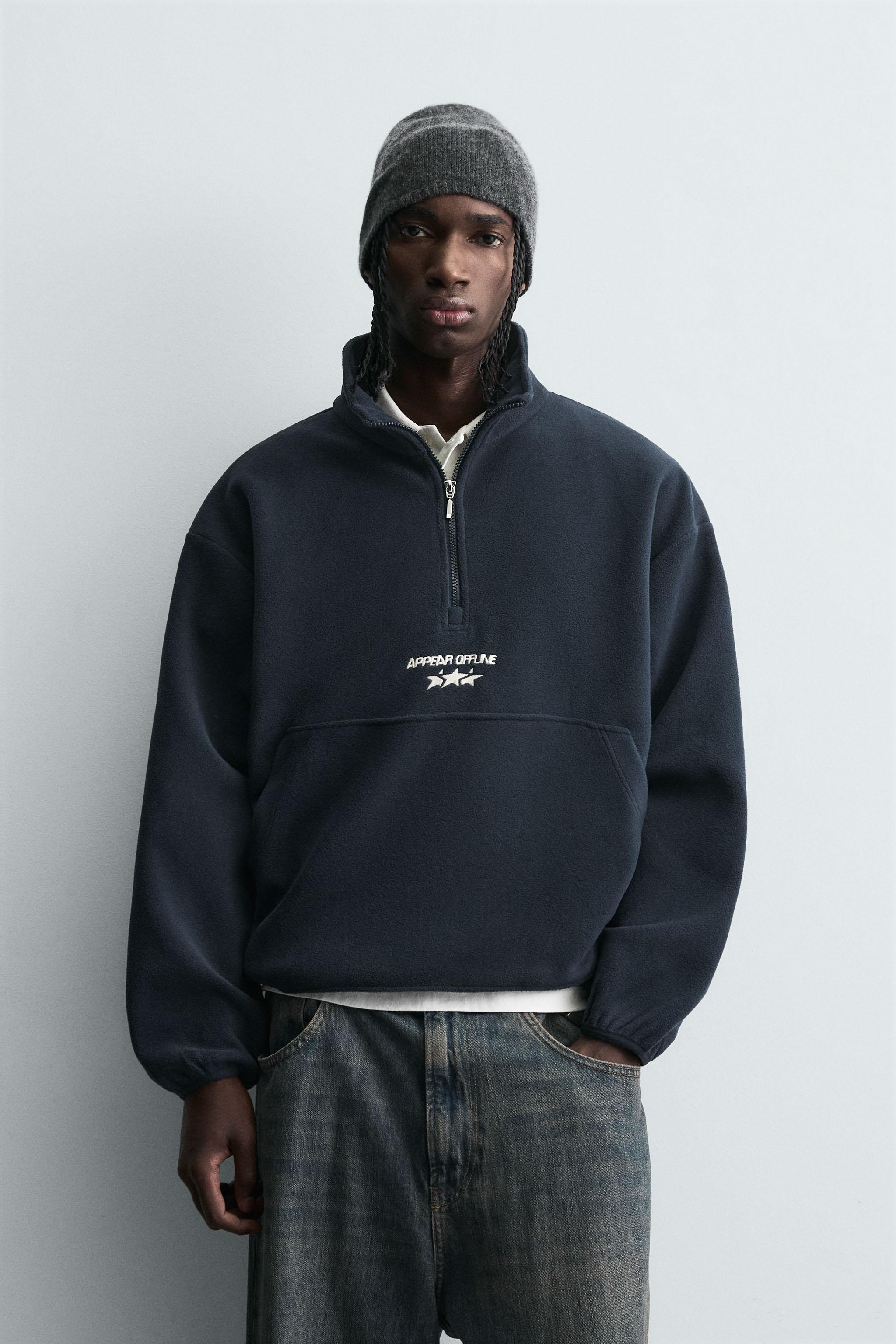 EMBROIDERED QUARTER-ZIP FLEECE SWEATSHIRT - Navy blue | ZARA