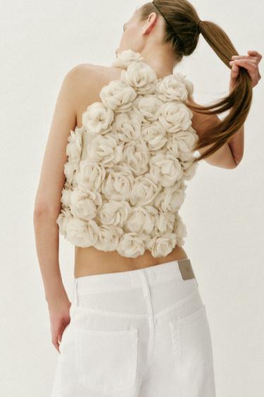 TOP HALTER EN MAILLE STRUCTURÉE FLEURIE - Beige de Zara - Image 1
