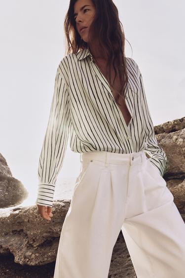 CHEMISE SATINÉE À RAYURES - Écru / Bleu marine de Zara - Image 1