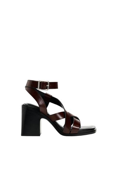 LEATHER STRAPPY SANDALS WITH BLOCK HEEL
