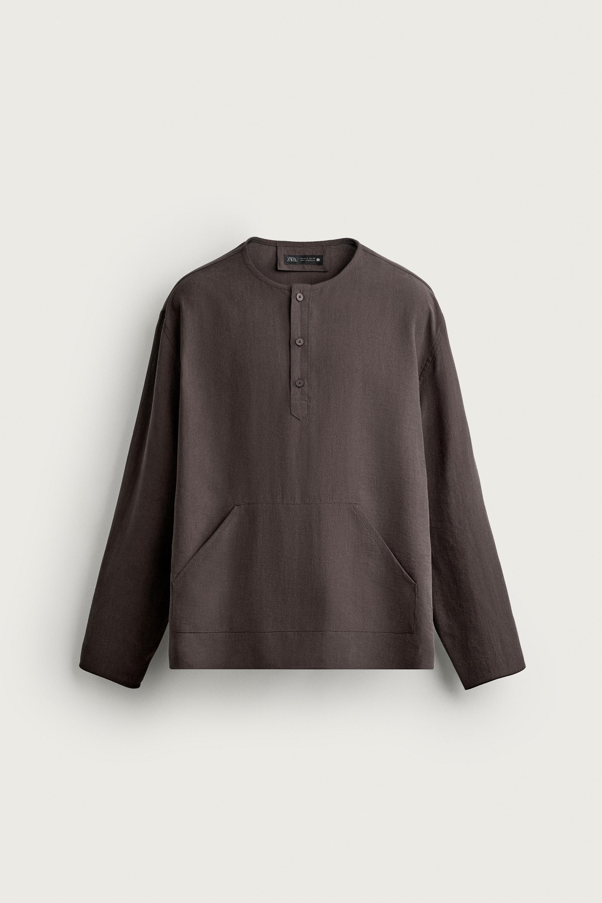 HENLEY NECK SHIRT WITH POCKETS — Chocolate