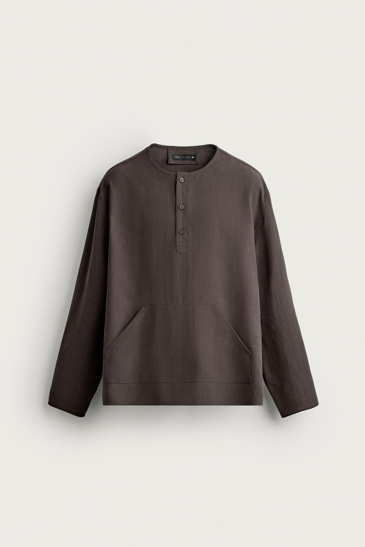 HENLEY NECK SHIRT WITH POCKETS — Chocolate