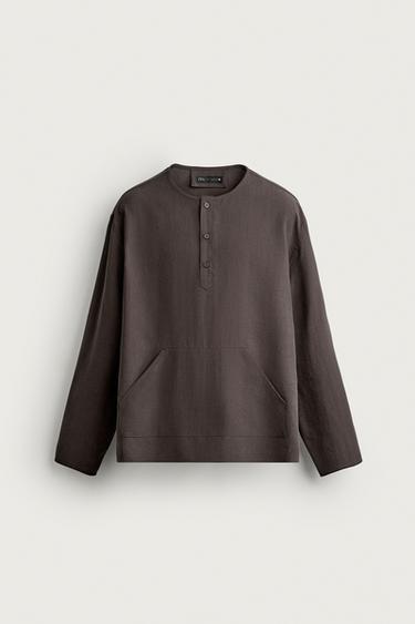Zara HENLEY NECK SHIRT WITH POCKETS - Chocolate