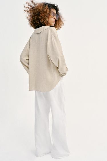 LINEN BLEND SHIRT WITH PUFF HEM - Light beige by Zara - Image 6