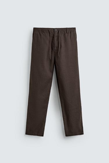 RELAXED FIT COTTON/LINEN TROUSERS - Brown by Zara