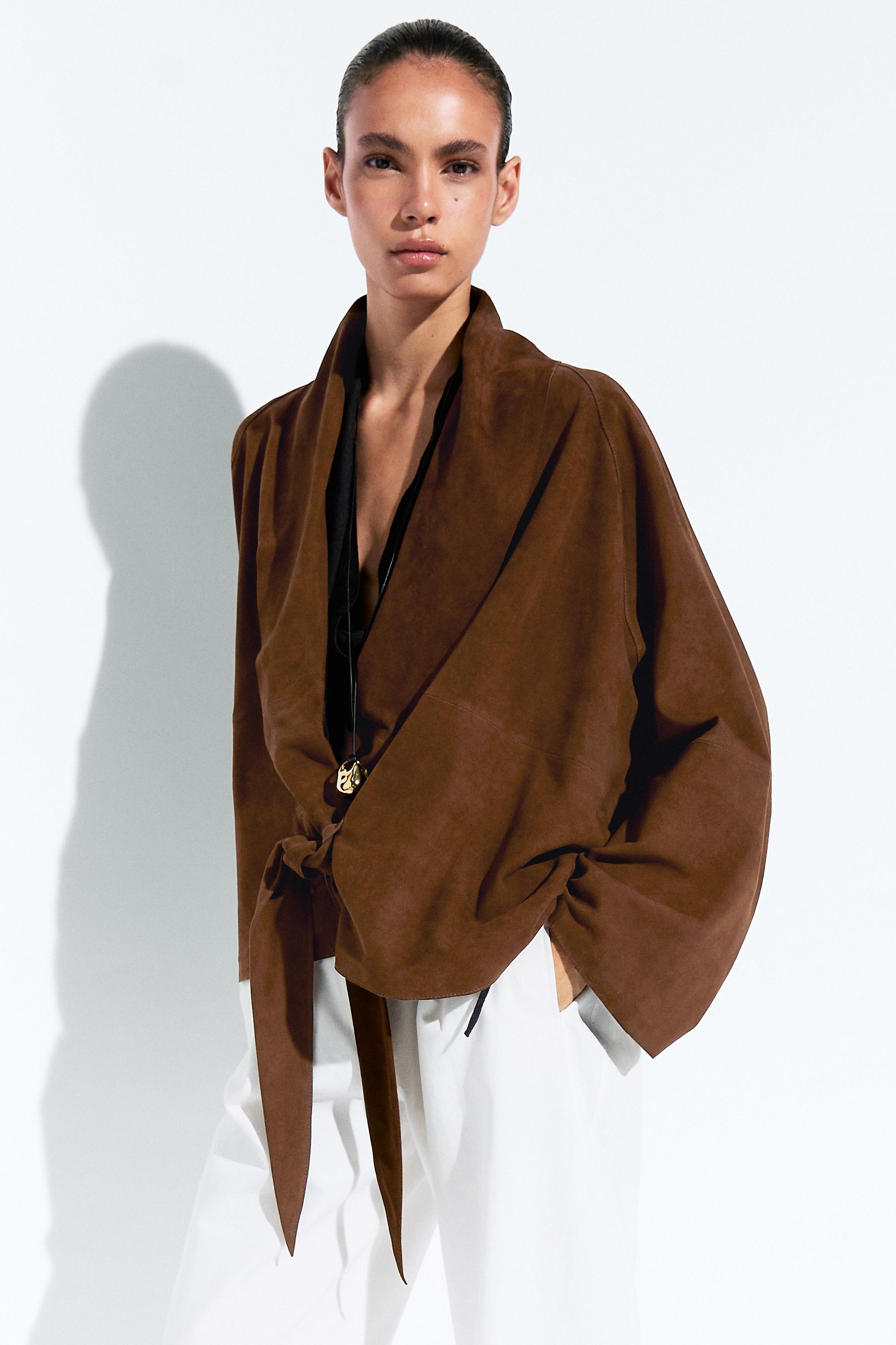 Suede leather wrap kimono
