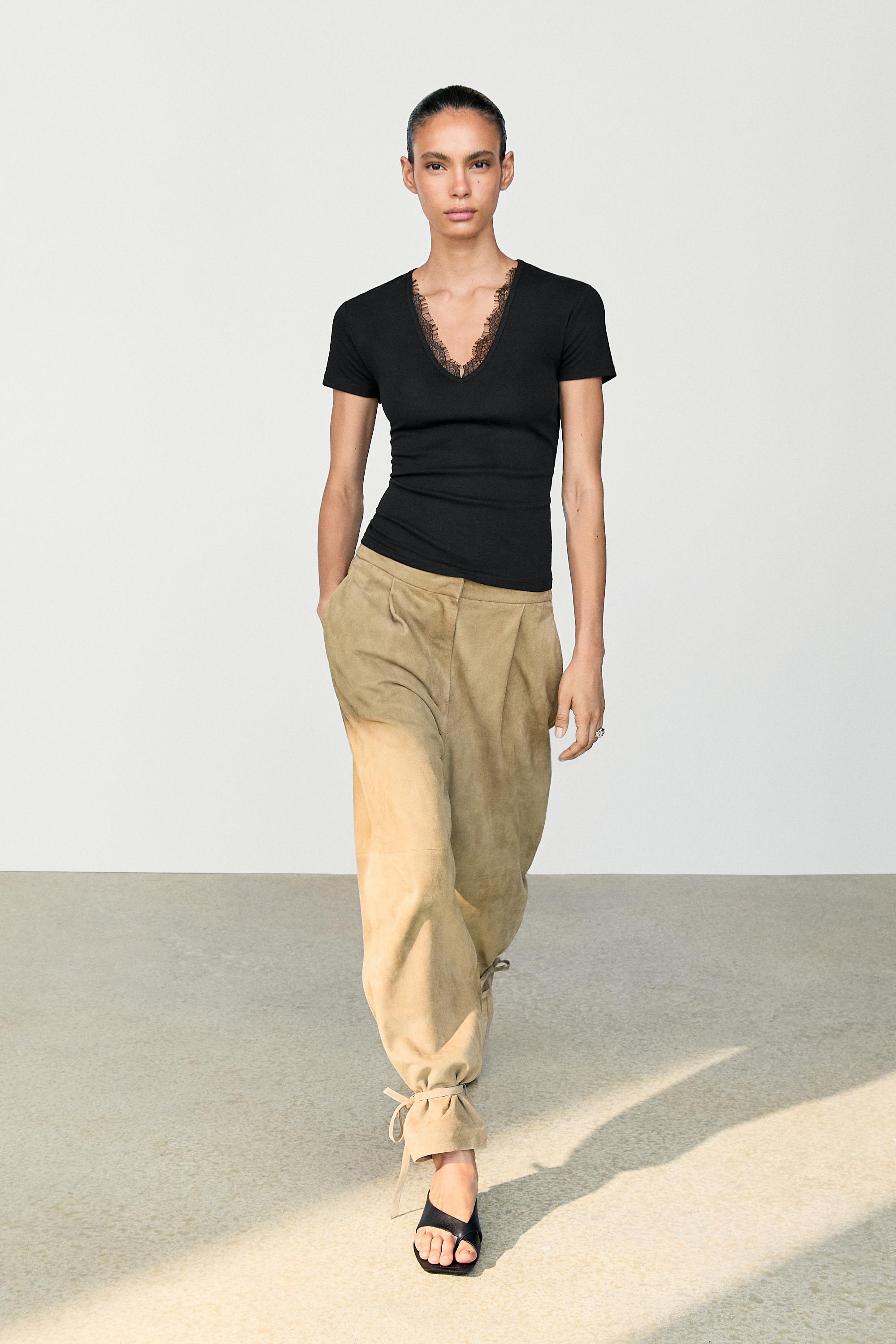Lace-detail V-neck T-shirt - Black | ZARA United States