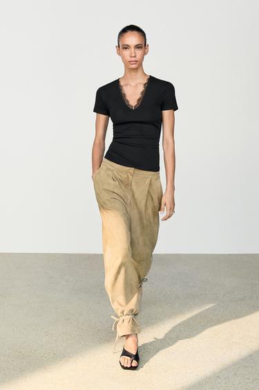 Zara Lace-detail V-neck T-shirt - Black - Image 0