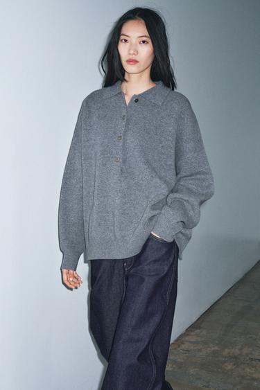 95% WOOL PLAIN KNIT POLO SHIRT - Grey by Zara