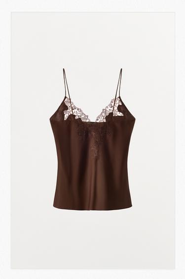TOP SATINADO BORDADOS ENCAJE - Marrón de Zara
