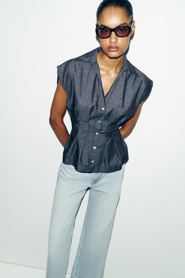 FITTED LINEN BLEND DARTED SHIRT - Blue by Zara
