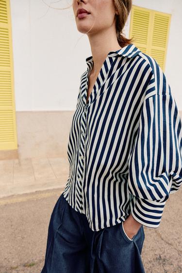 STRIPED LINEN BLEND PUFF SLEEVE SHIRT - Blue/White by Zara