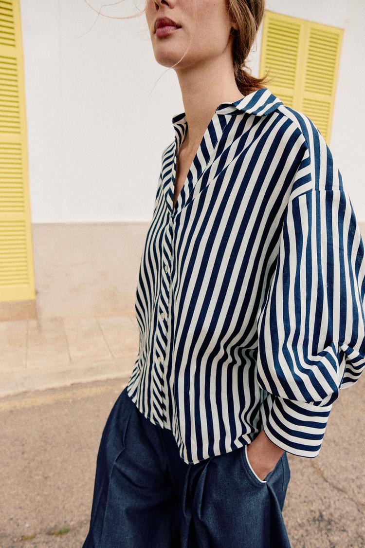 Camisa de manga abullonada a rayas de mezcla de lino 6