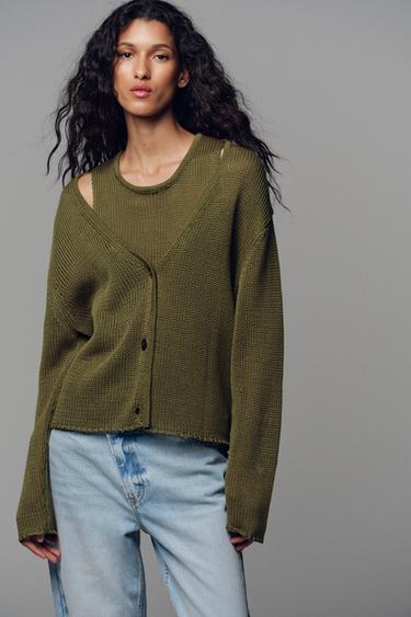 100% COTTON KNIT CARDIGAN - Khaki by Zara - Image 1