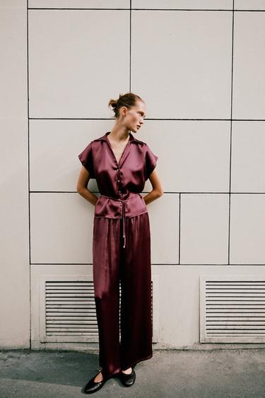 SATIN SHIRT WITH BELT - Burgundy by Zara