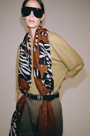 Zara TIGER PRINT LINEN SCARF - Brown