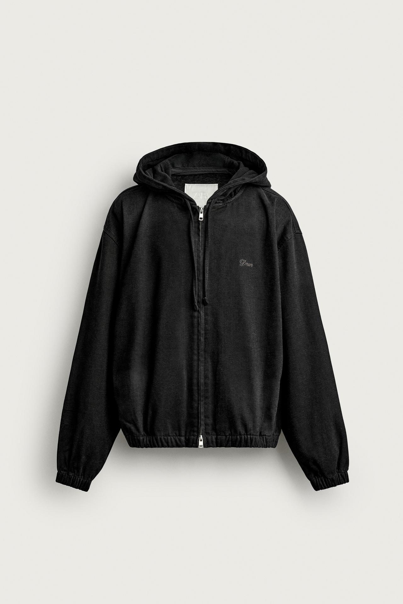 PLUSH DENIM HOODIE JACKET — Black