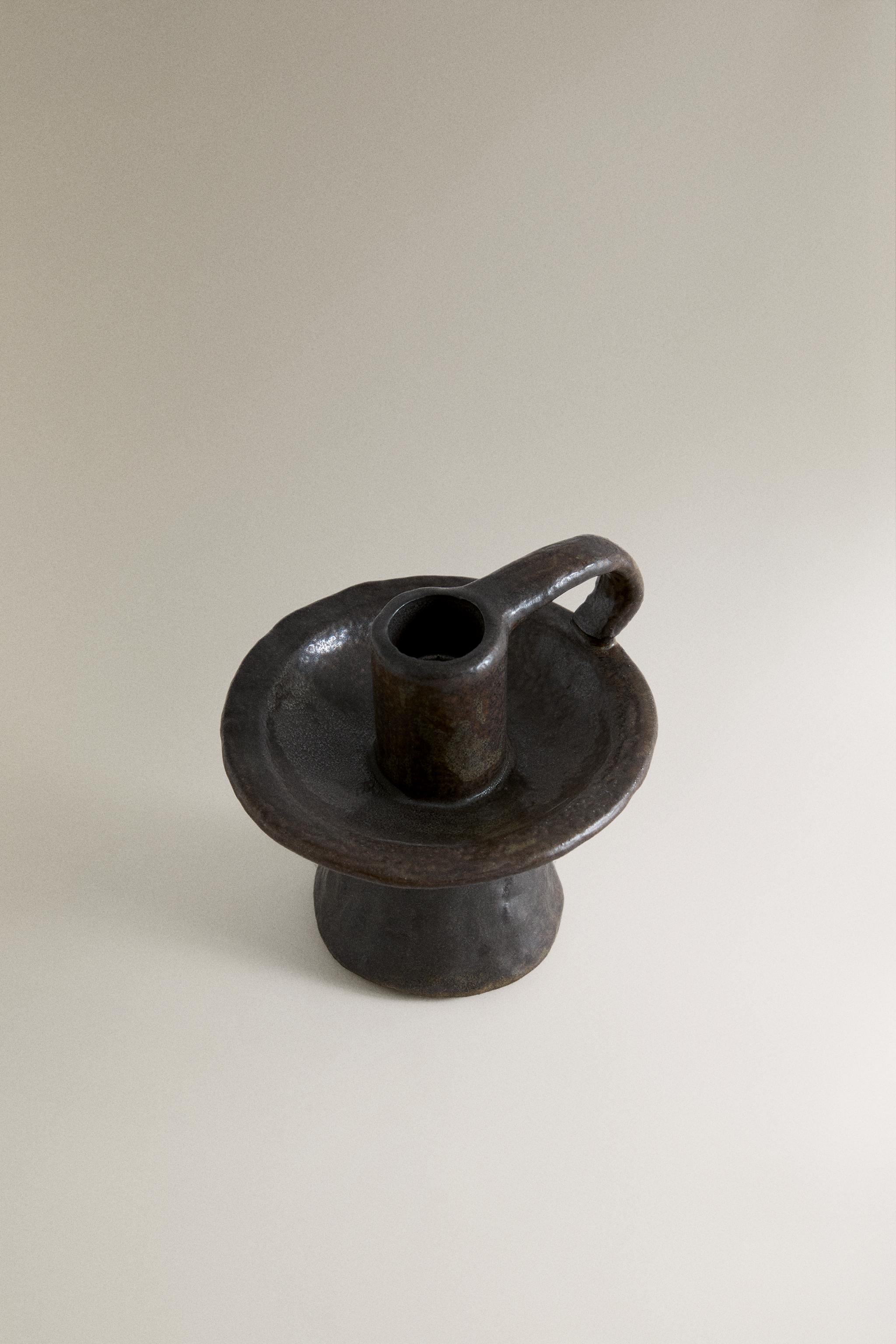 STONEWARE CANDLEHOLDER — Brown
