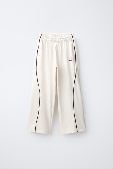 Zara CONTRAST PIPING WIDE-LEG PANTS - Ecru