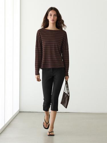 Zara Striped linen knit T-shirt - Chocolate - Image 0