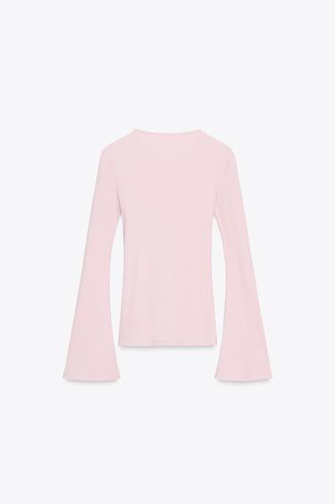 T-SHIRT CÔTELÉ À MANCHES ÉVASÉES - Rose de Zara - Image 5