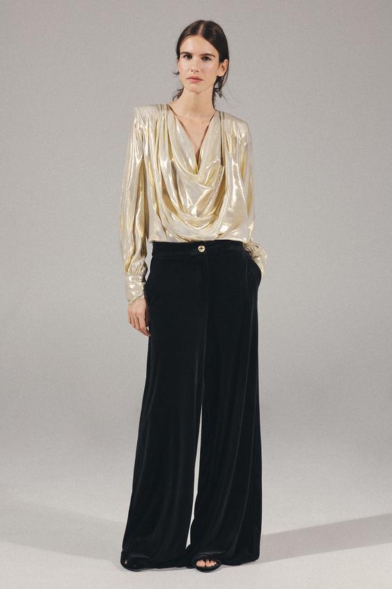 Zara VELVET PALAZZO PANTS - Black - Image 0