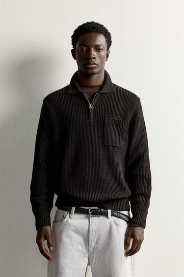 COTTON-WOOL PURL KNIT POLO — Brown 2
