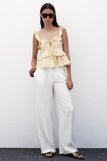 Zara LINEN LACE TRIM RUFFLED TOP - Light yellow