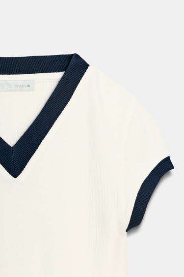 T-SHIRT CÔTELÉ EN CONTRASTE - Écru de Zara - Image 6