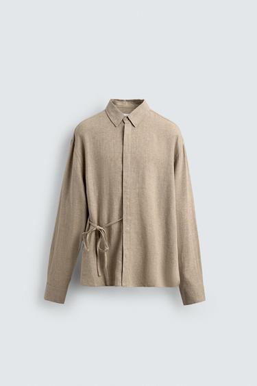LINEN/VISCOSE TIE SHIRT - Sand by Zara