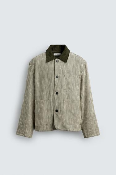 CONTRAST TEXTURED OVERSHIRT - Ecru / Green by Zara