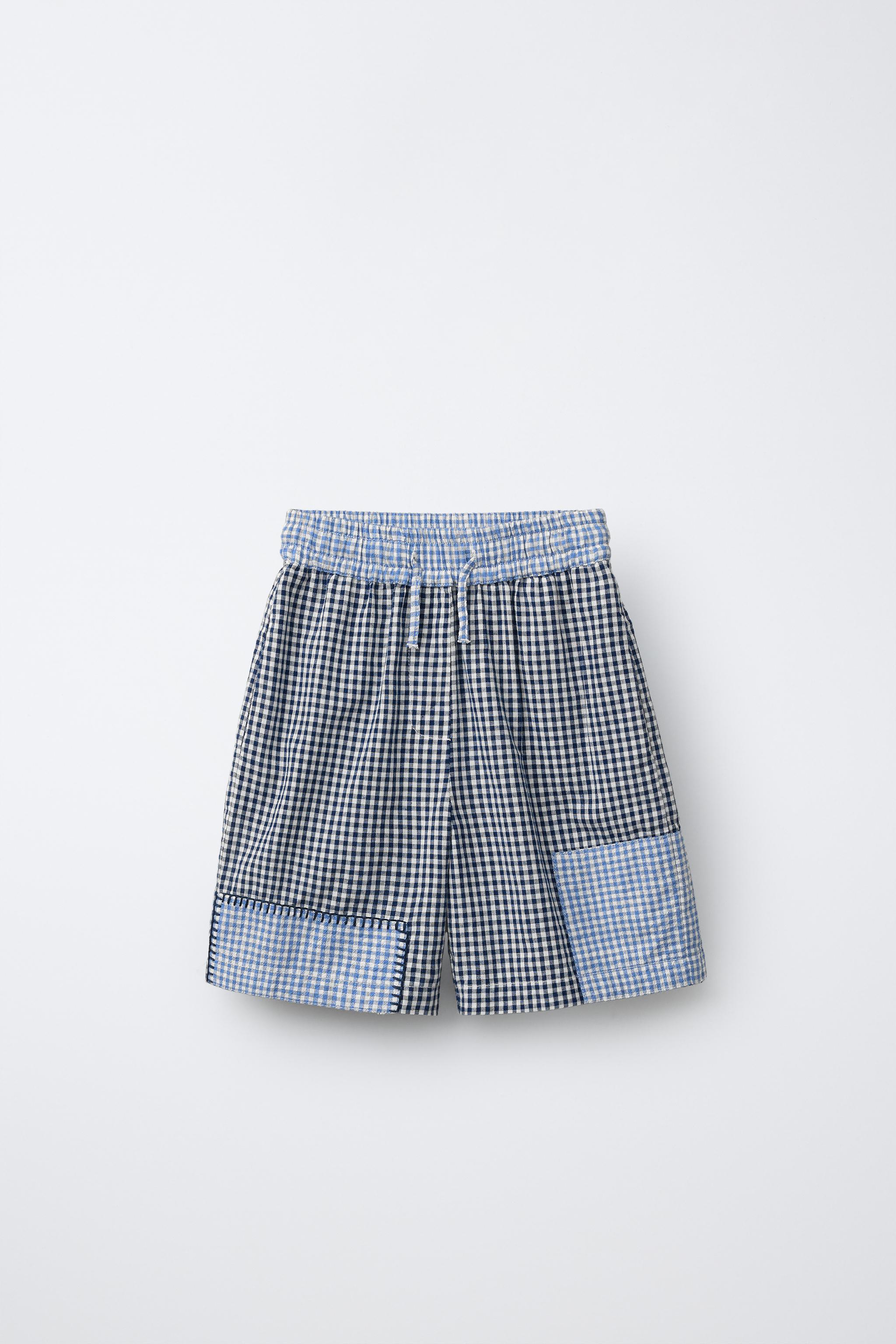 PATCHWORK GINGHAM PRINT SHORTS - Blue | ZARA Canada