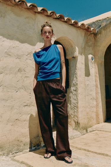 STRAIGHT TROUSERS WITH LINEN - Dark brown by Zara